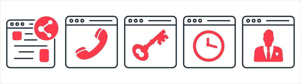 un conjunto de 5 5 Internet íconos como compartir Página web, en línea llamar, página web proteccion en rojo línea color vector