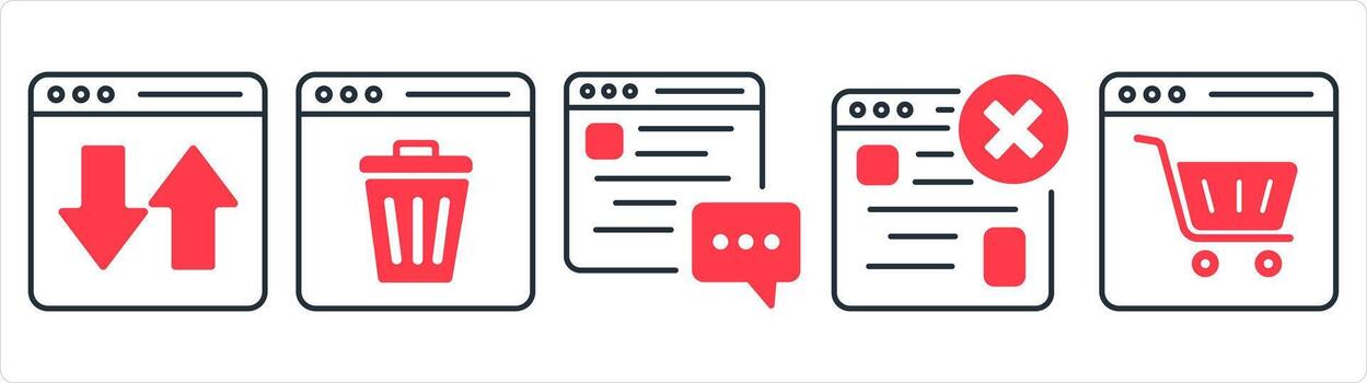 A set of 5 internet icons as synchronize webpage, trash webpage, webpage reviews in red line color vector