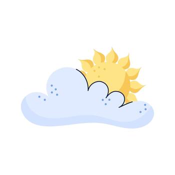 Sun is peeking out from behind cloud. Hand drawn Sky and weather design element. Isolated illustration on white background. vector