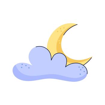 Crescent Moon is peeking out from behind cloud. Hand drawn Sky and weather design element. Isolated illustration on white background. vector