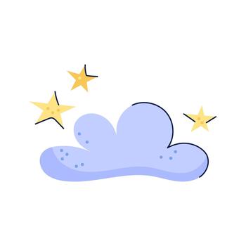 Stars is peeking out from behind cloud. Hand drawn Sky and weather design element. Isolated illustration on white background. vector