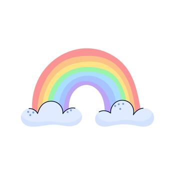 Hand drawn rainbow and clouds. Sky and weather design element. Isolated illustration on white background. vector