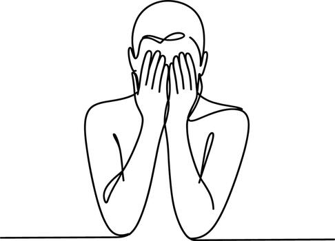 persona cubierta cara con manos continuo línea dibujo vector