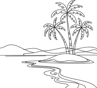 Three palm trees on a small island with wavy lines representing water and hills vector