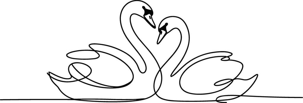 Two swans forming a heart shape continuous line drawing vector
