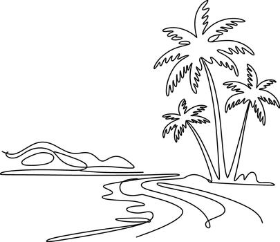Minimalist single line drawing of palm trees and ocean waves vector
