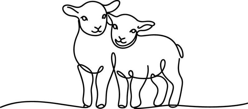 Two lambs embracing in continuous line drawing sheep vector