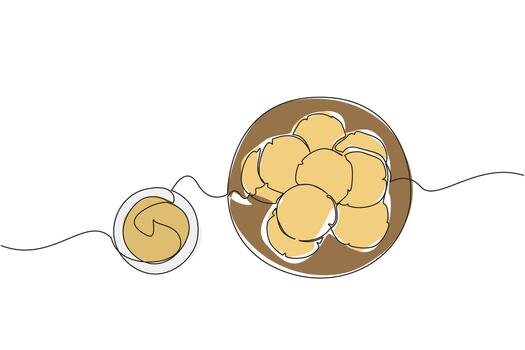 Continuous line drawing of a plate piled high with round cookies next to a small bowl of creamy peanut butter dip, top view, emphasizing the main ingredient. National Peanut Butter Cookie Day event vector