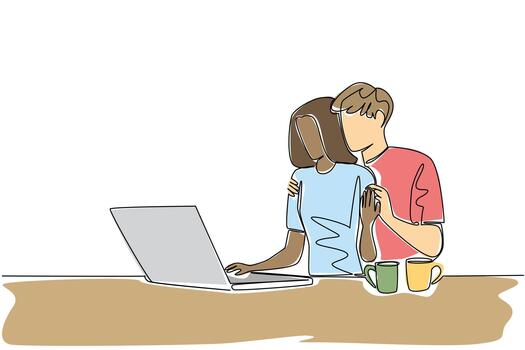 Continuous line draw of partners collaborate and connect, perfect for National Loving Day about companionship, respect, and shared goals. Together with table with laptop and coffee mug work from home vector