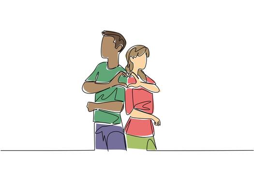 Continuous line drawing of a diverse couple standing back to back, each making a half heart gesture with their hands. National Loving Day messages about unity, love, respect, and the freedom to marry. vector