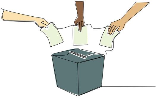 Continuous line drawing of multiple diverse hands placing ballots into a ballot box, symbolizing universal suffrage, democratic participation, and equality in voting. Democracy Day of election process vector