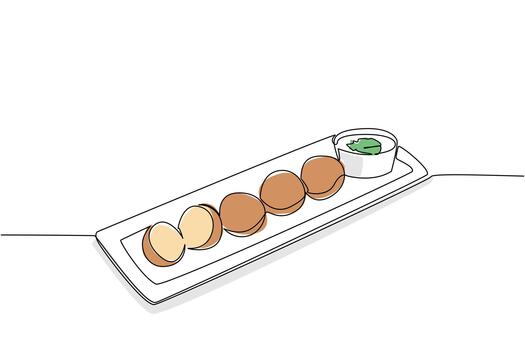 Continuous line drawing of falafel balls arranged in a row on rectangular ceramic plate with side of dipping sauce, garnished with herb leaf, showing elegant presentation. International Falafel Day vector