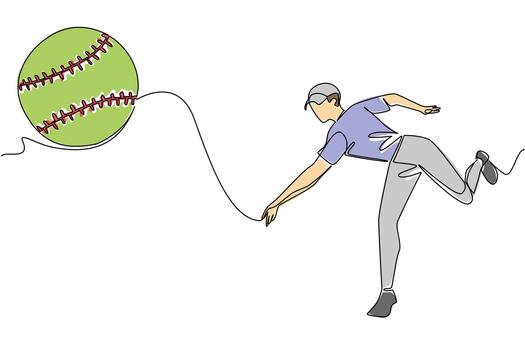 Continuous line drawing of a male in blue pitches green softball pitcher in action, releasing a softball in high speed. Symbolizing the athletic form and energy of the pitch. World Softball Day event vector