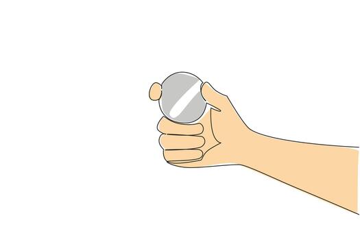 Single line drawing of clenched hand tightly gripping single round silver button battery, symbolizing need to secure and keep these dangerous items out of reach. National Button Battery Awareness Day vector