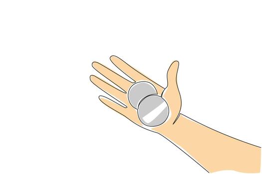 One line drawing of an open palm holding two silver round button batteries, illustrating the deceptive accessibility and common size of dangerous objects. National Button Battery Awareness Day event vector