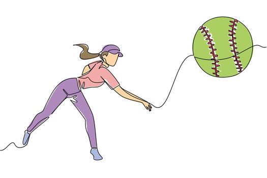 Single line drawing of a female softball pitcher in action, releasing high speed softball. Showing dynamic motion and focus in pitching. World Softball Day vector