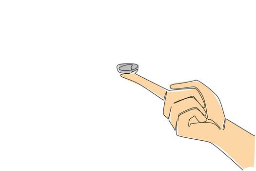 Continuous line drawing of hand holding small round button battery balanced on the tip of index finger, symbolizing the small size and easy access of hazard. National Button Battery Awareness Day vector