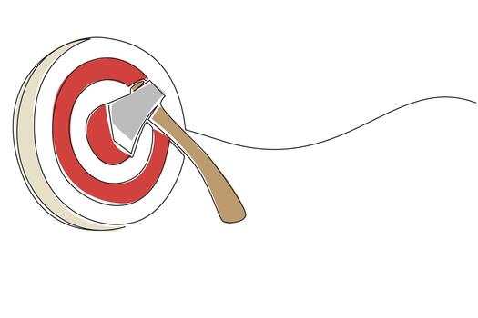 One line drawing of an axe embedded in red target bullseye precisely, with flowing line representing its trajectory, symbolizing perfect aim and successful hit. International Axe Throwing Day event vector