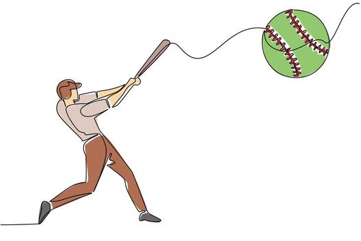 Continuous line drawing of male softball batter in helmet powerful stance, swinging bat and hitting softball that is mid flight, emphasizing the impact and energy of the hit. World Softball Day event vector