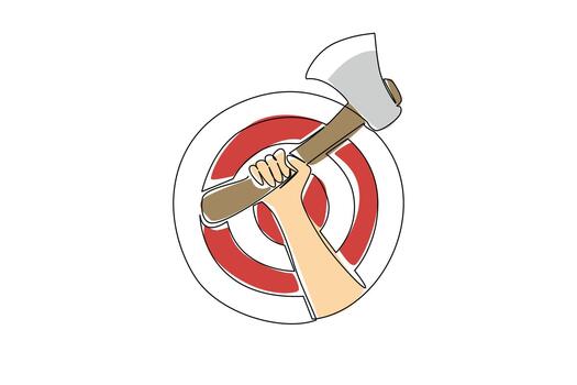 Single line drawing hand triumphantly raises an axe in front of red bullseye target, representing victory, precision, and strength for International Axe Throwing Day event competitions worldwide. vector