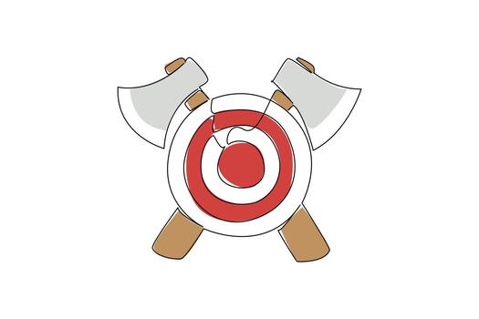 Continuous line drawing of round red and white target with two crossed axes behind round wooden board, symbolizing the sport of axe throwing and precision aiming. International Axe Throwing Day event vector