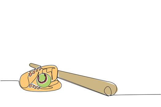 Single line drawing of softball resting in catcher mitt, with bat lying beside them, symbolizing the essential gear and readiness for game. Essential equipment and readiness for World Softball Day vector