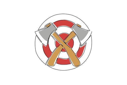 Continuous line drawing of a round red and white target with two crossed axes, symbolizing the sport of axe throwing and centering precision aiming. Celebrates International Axe Throwing Day event vector