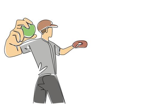 Continuous line drawing of male player in a cap and glove, mid throw with a softball, capturing the quick and precise motion of the game. Pitching green softball celebrate World Softball Day event vector