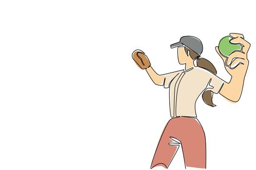 One line drawing of a female softball player in a cap and glove, mid throw with softball, illustrating the controlled power and skill in fielding. Active sportsmanship for World Softball Day event vector