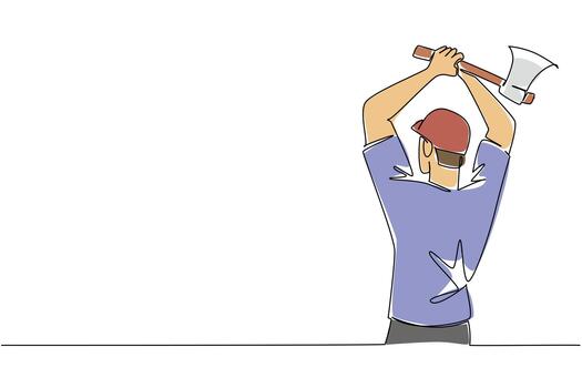 Continuous line drawing of man from behind, in mid motion, lift ax overhead ready throwing an axe with full force, symbolizing the dynamic action and power. International Axe Throwing Day event vector