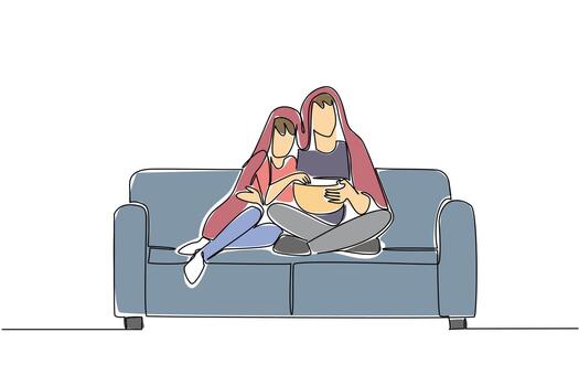 continuo línea dibujo de un Pareja acurrucado debajo un cobija en un sofá, compartiendo palomitas de maiz y acecho un película, simbolizando íntimo hogar entretenimiento. celebrando nacional película noche evento vector