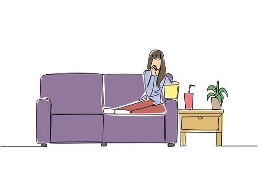 Continuous line drawing of a woman reclining on a couch, covering her face in fright while watching a movie, with popcorn and drink on side table, Celebrate National Movie Night as intense experience. vector