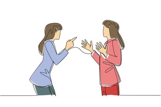 Continuous line drawing of two colleagues blaming each other over a missed deadline, office concept. This workplace stress theme is related to National Blame Someone Else Day event. vector