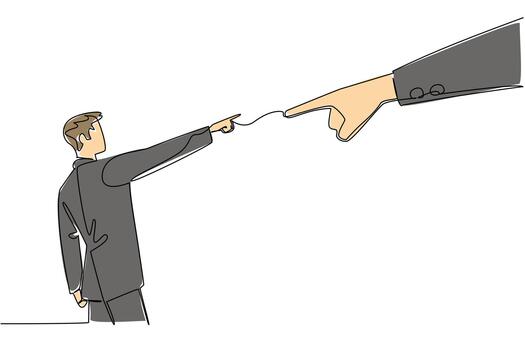 Single line drawing of two businessmen pointing fingers at each other for a corporate dispute, business concept. This office conflict theme is related to National Blame Someone Else Day event. vector
