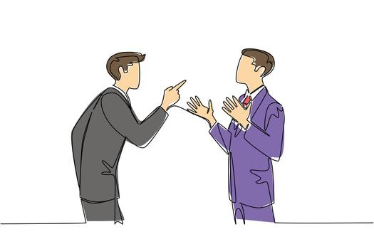 continuo línea dibujo de un negocio hombres y culpar cada otro para un relación conflicto, social concepto. esta Doméstico pelea tema es relacionado a nacional culpa alguien demás día evento vector