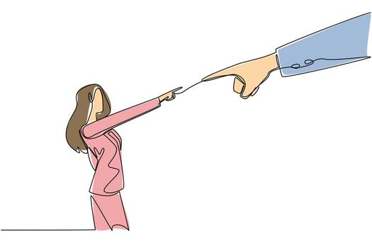 continuo línea dibujo de grande mano y mujer colegas culpar cada otro para un trabajo conflicto, negocio concepto. esta oficina culpa juego tema es relacionado a nacional culpa alguien demás día evento. vector