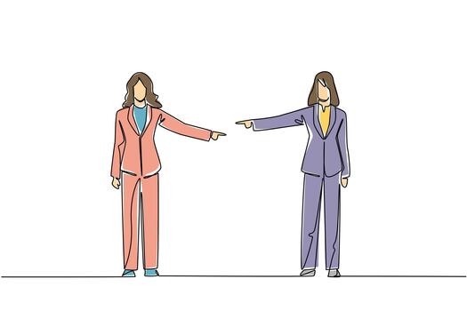 continuo línea dibujo de un joven hombre y mujer dónde uno es señalando un acusando dedo a el otro representando un relación conflicto para nacional culpa alguien demás día social concepto. vector