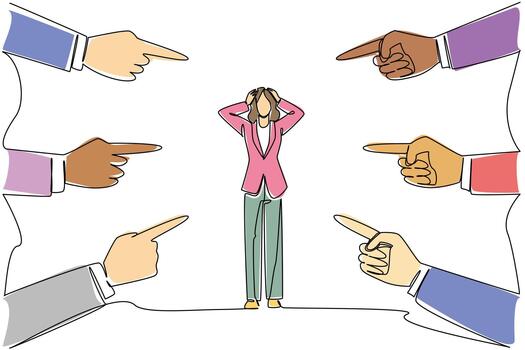 continuo línea dibujo de un hombre y mujer en un conflicto dónde ella es señalando un acusando dedo a él para social concepto. esta relación culpa tema es relacionado a nacional culpa alguien demás día vector