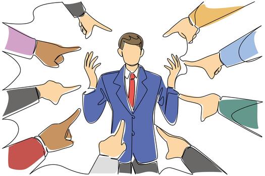 soltero continuo línea dibujo de empresario en azul chaqueta soportes confuso con elevado manos mientras muchos señalando manos rodear él desde todas direcciones. nacional culpa alguien demás día evento vector