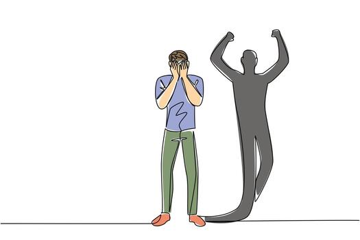 Continuous line drawing of man in cover his face in despair with triumphant shadow behind, symbolizing adversity for mental health concept. Resilience related to National Posttraumatic Growth Day vector