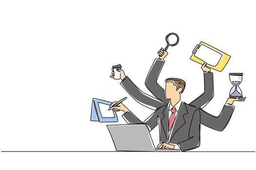 continuo línea dibujo de multitarea empresario con muchos brazos participación varios oficina herramientas para negocio concepto. eficiencia y productividad tema es para nacional productivo negocio civilidad día vector