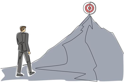 Continuous line drawing of a businessman walking at the base of mountain peak with an arrow path leading to wooden target. Symbolizing ambitious goals for National Productive Business Civility Day vector
