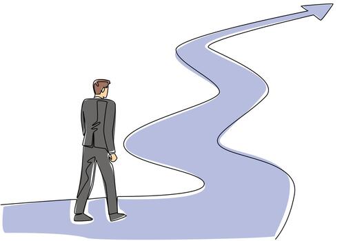 Continuous line draw of businessman looking at long, winding upward arrow path, symbolize challenging career journey for business concept. Perseverance and growth for National Productive Civility Day vector