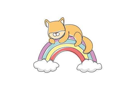 One line drawing of sleepy cat drapes itself over a pastel rainbow that floats between soft clouds. Ideal for pet cat lovers, cozy reading corners, or greeting cards featuring relaxed, cuddly vibes vector