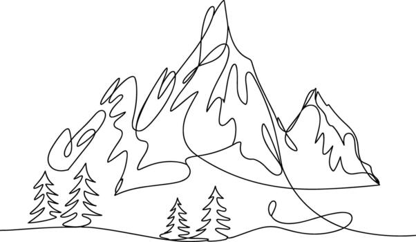 Minimalist continuous line of mountain peaks and pine trees vector