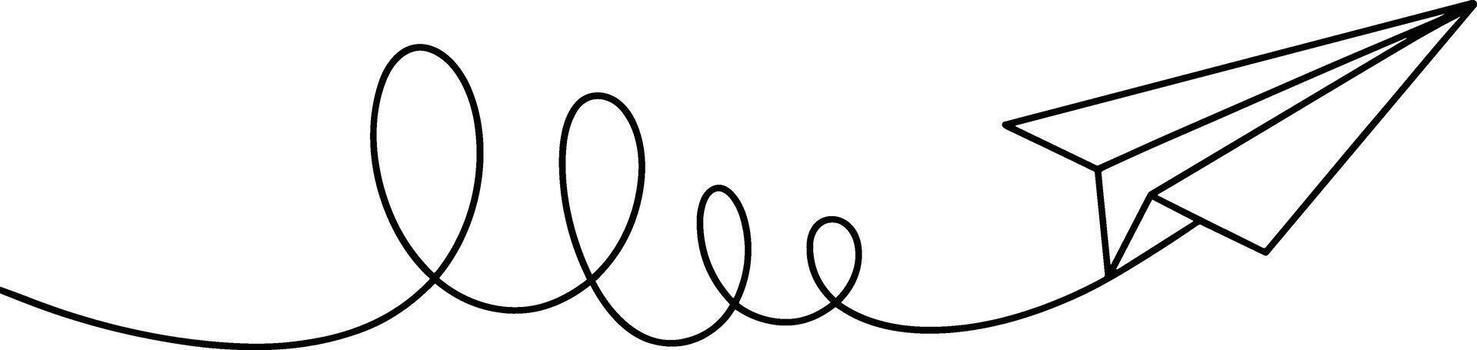 Black line drawing of a paper airplane with a looping flight path vector