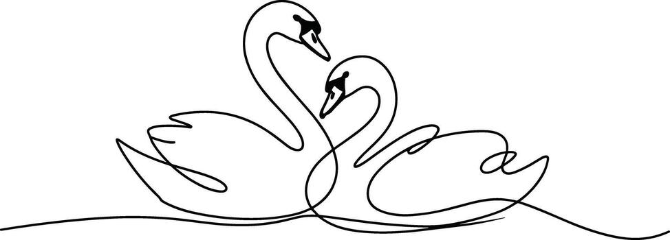 Two swans forming heart shape continuous line drawing vector
