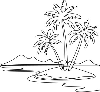 Three palm trees on a small island with distant hills vector