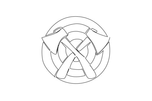 Continuous line draw of crossed axes layered on a round wooden target emblem with ring, sports concept for international event, International Axe Throwing Day. Symbol of lumberjack team or competition vector