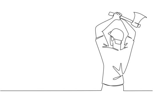 continuo línea dibujo de un hombre extensión ambos brazos Listo a lanzamiento un hacha, Deportes concepto para internacional evento, internacional hacha lanzamiento día. puntería un hacha a un redondo de madera objetivo. vector